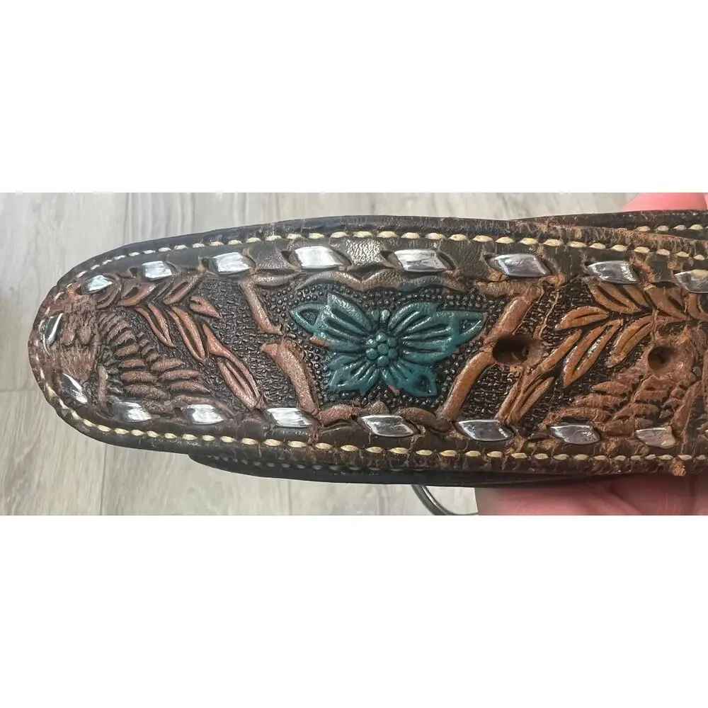 Vintage Dun Dee Size 42 Tooled Leather Eagle Western Cowboy Belt Silver Lacing